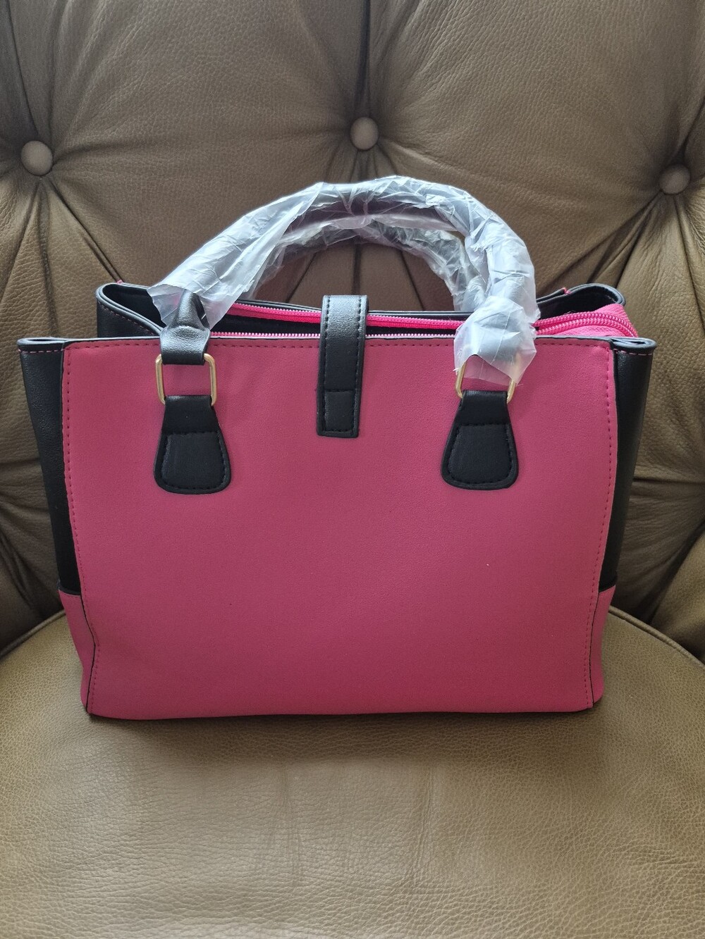 Pink and Black Structured Satchel with Gold Accents - Picture 3 of 9